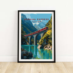 Bernina Express Print | Swiss Alps Wall Decor showcasing a scenic train passing over a bridge in the Swiss Alps.