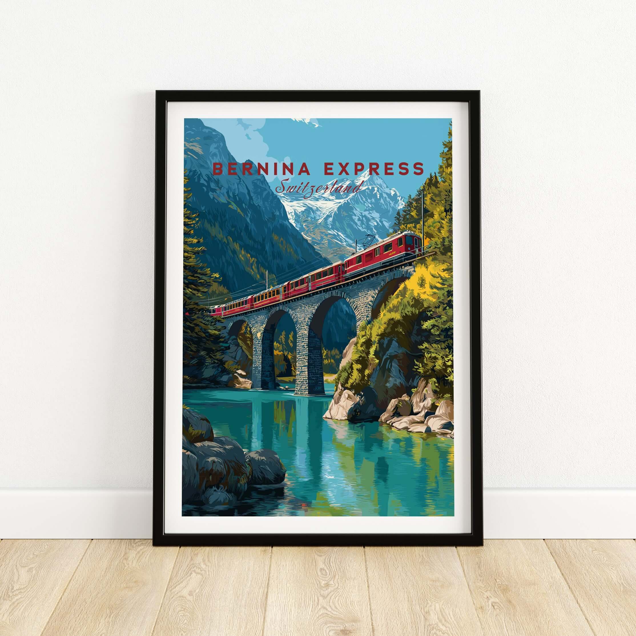 Bernina Express Print | Swiss Alps Wall Decor showcasing a scenic train passing over a bridge in the Swiss Alps.