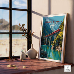 Bernina Express Print | Swiss Alps Wall Decor featuring a scenic train over a bridge in the Swiss Alps.