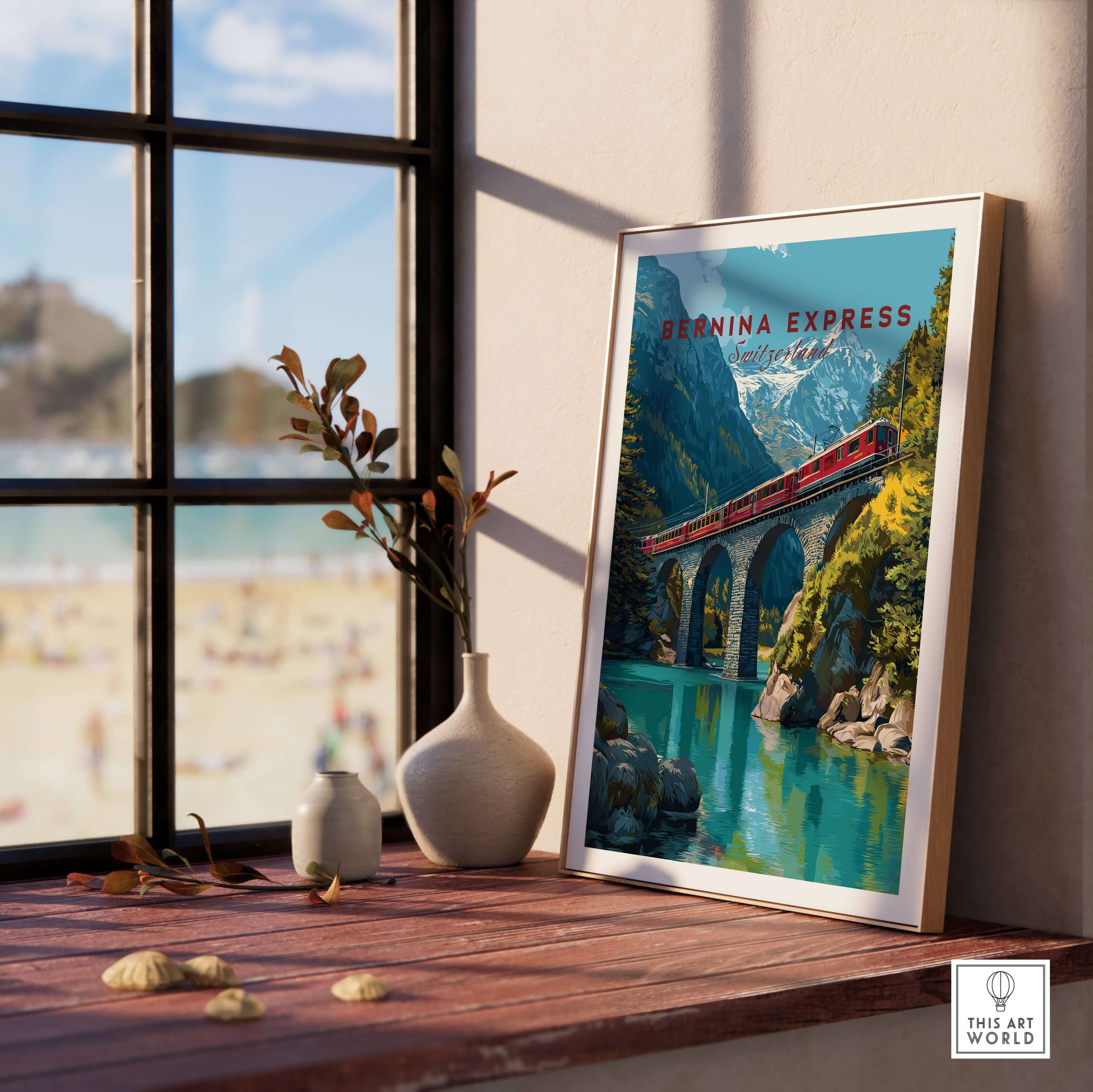 Bernina Express Print | Swiss Alps Wall Decor featuring a scenic train over a bridge in the Swiss Alps.