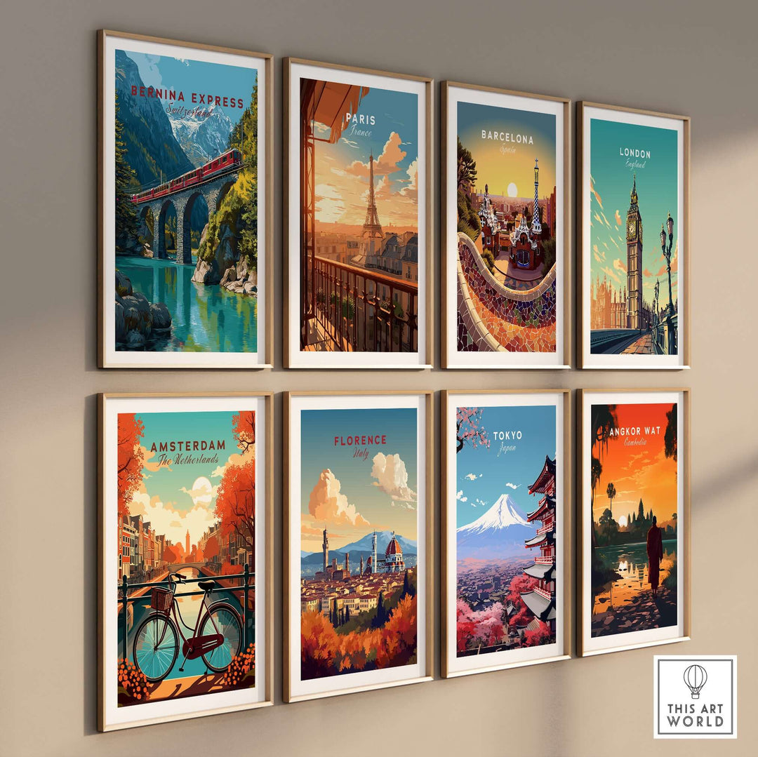 Bernina Express Print | Swiss Alps Wall Decor featuring scenic landscapes and famous city posters on display.