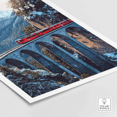 Bernina Express Swiss Alps UNESCO Winter Print | Scenic Rail Wall Decor featuring a red train crossing a snowy viaduct.