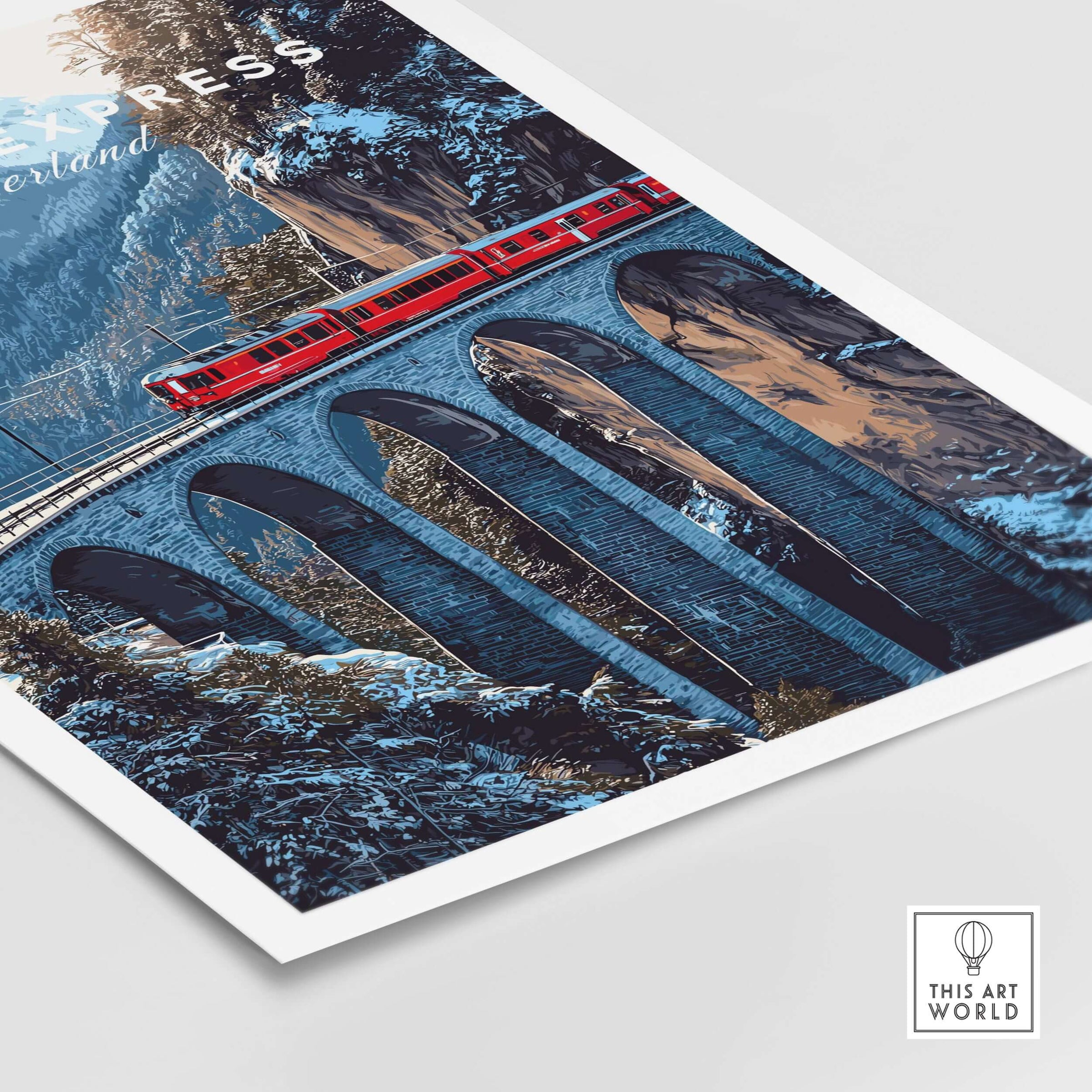 Bernina Express Swiss Alps UNESCO Winter Print | Scenic Rail Wall Decor featuring a red train crossing a snowy viaduct.