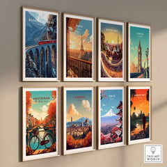 Bernina Express Swiss Alps UNESCO Winter Print | Scenic Rail Wall Decor displayed among popular city prints on a gallery wall.