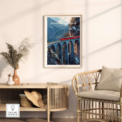 Bernina Express Swiss Alps UNESCO Winter Print | Scenic Rail Wall Decor displayed in a stylish home interior.
