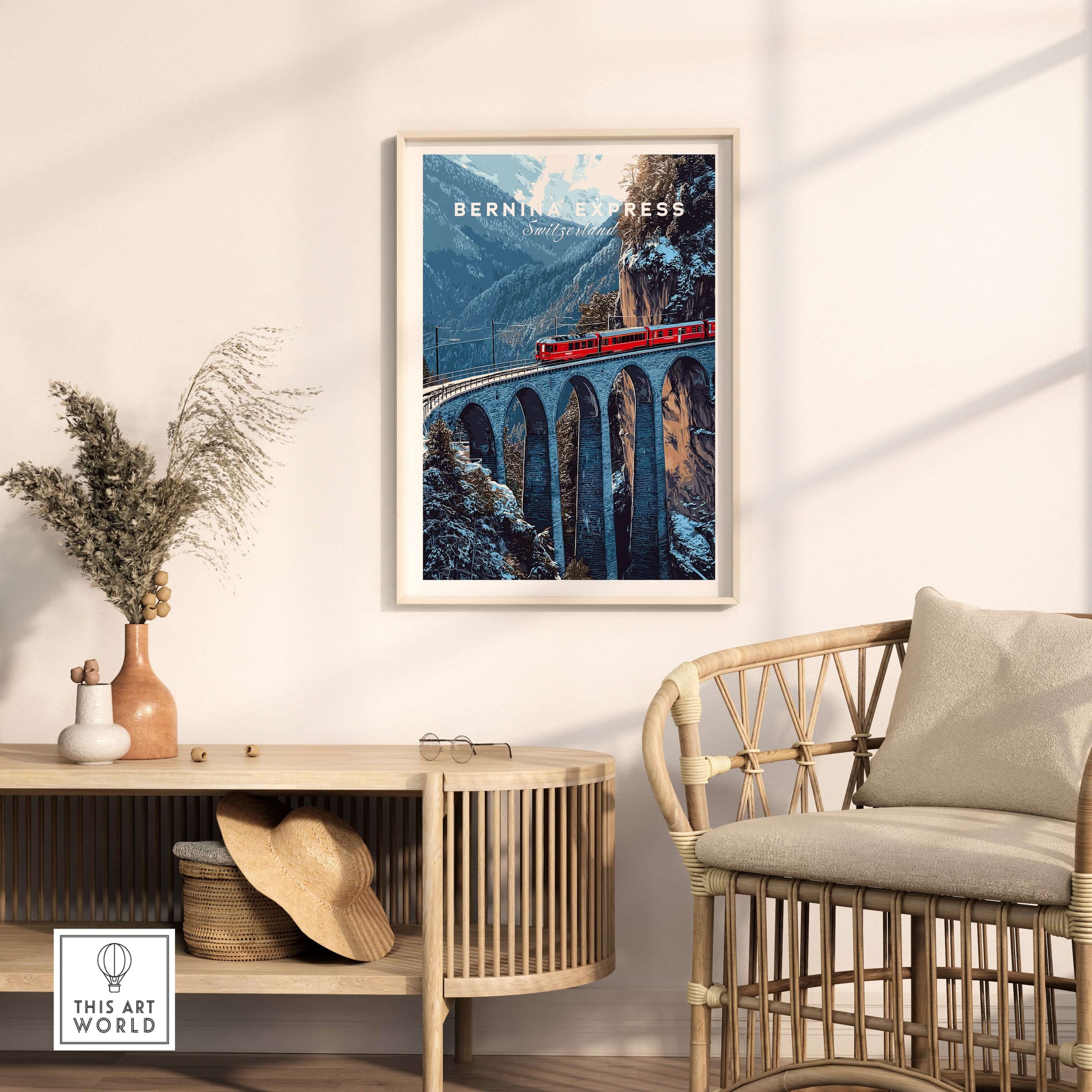 Bernina Express Swiss Alps UNESCO Winter Print | Scenic Rail Wall Decor displayed in a stylish home interior.
