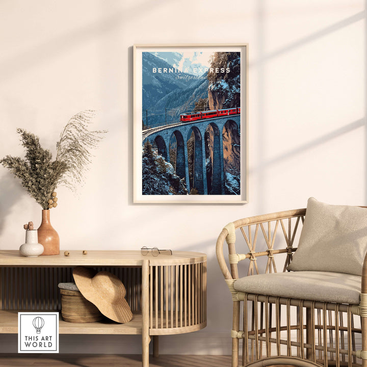Bernina Express Swiss Alps UNESCO Winter Print | Scenic Rail Wall Decor displayed in a stylish interior setting.