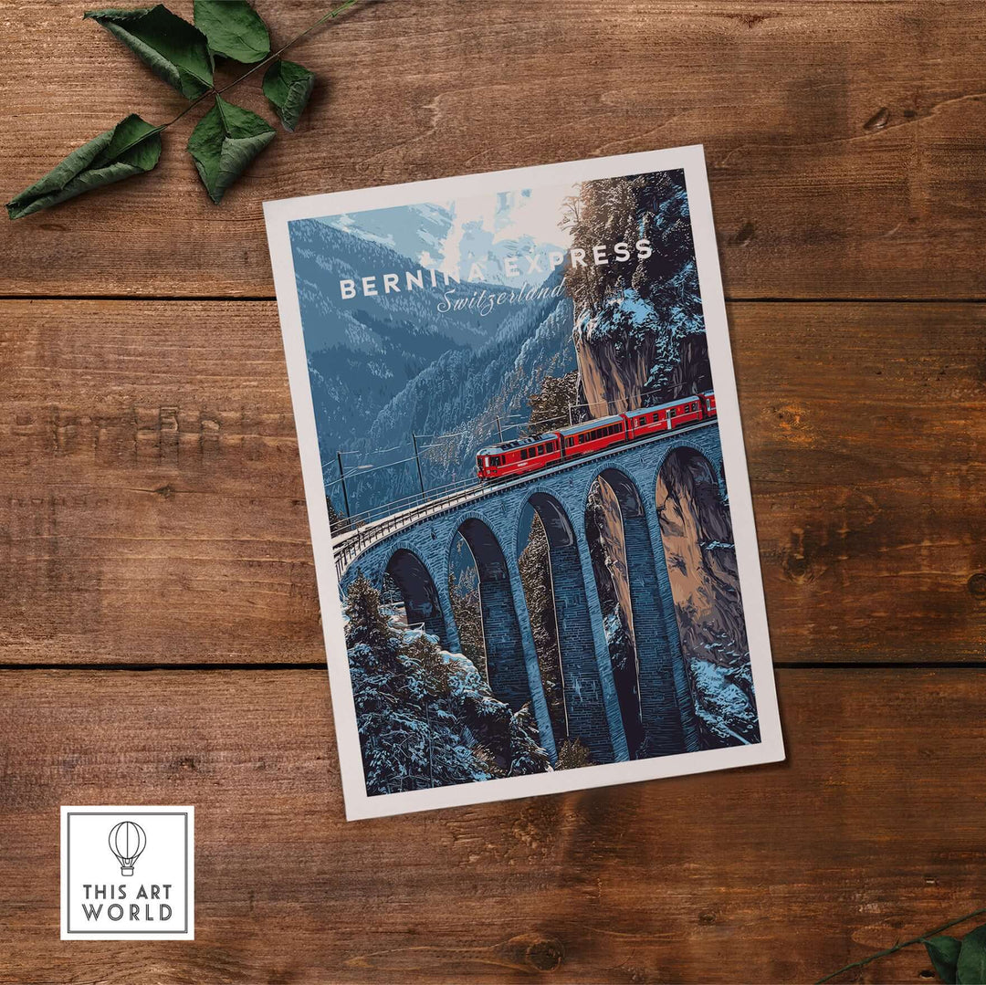 Bernina Express Swiss Alps UNESCO Winter Print | Scenic Rail Wall Decor showcasing scenic train journey through alpine landscapes.