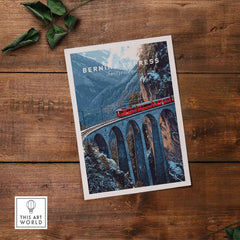 Bernina Express Swiss Alps UNESCO Winter Print | Scenic Rail Wall Decor showcasing a train traversing winter landscapes.