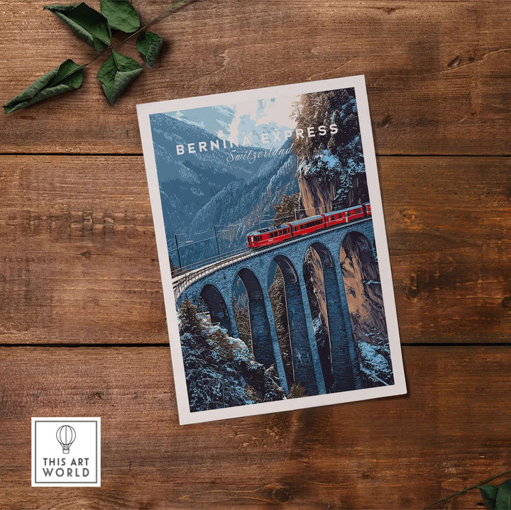 Bernina Express Swiss Alps UNESCO Winter Print | Scenic Rail Wall Decor showcasing scenic train journey through alpine landscapes.