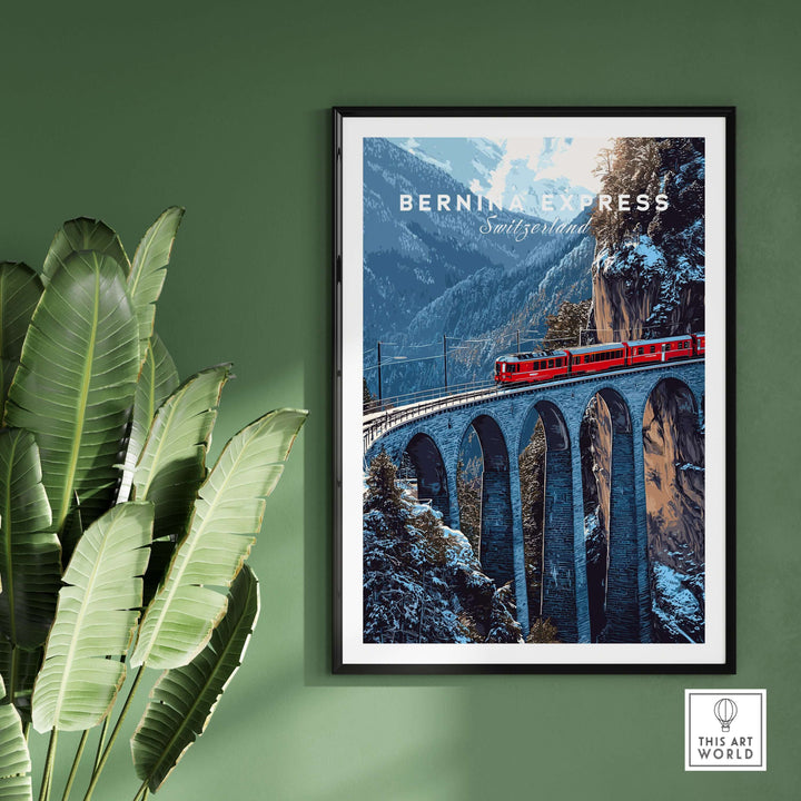 Bernina Express Swiss Alps UNESCO Winter Print | Scenic Rail Wall Decor featuring a red train bridge over rugged mountains.