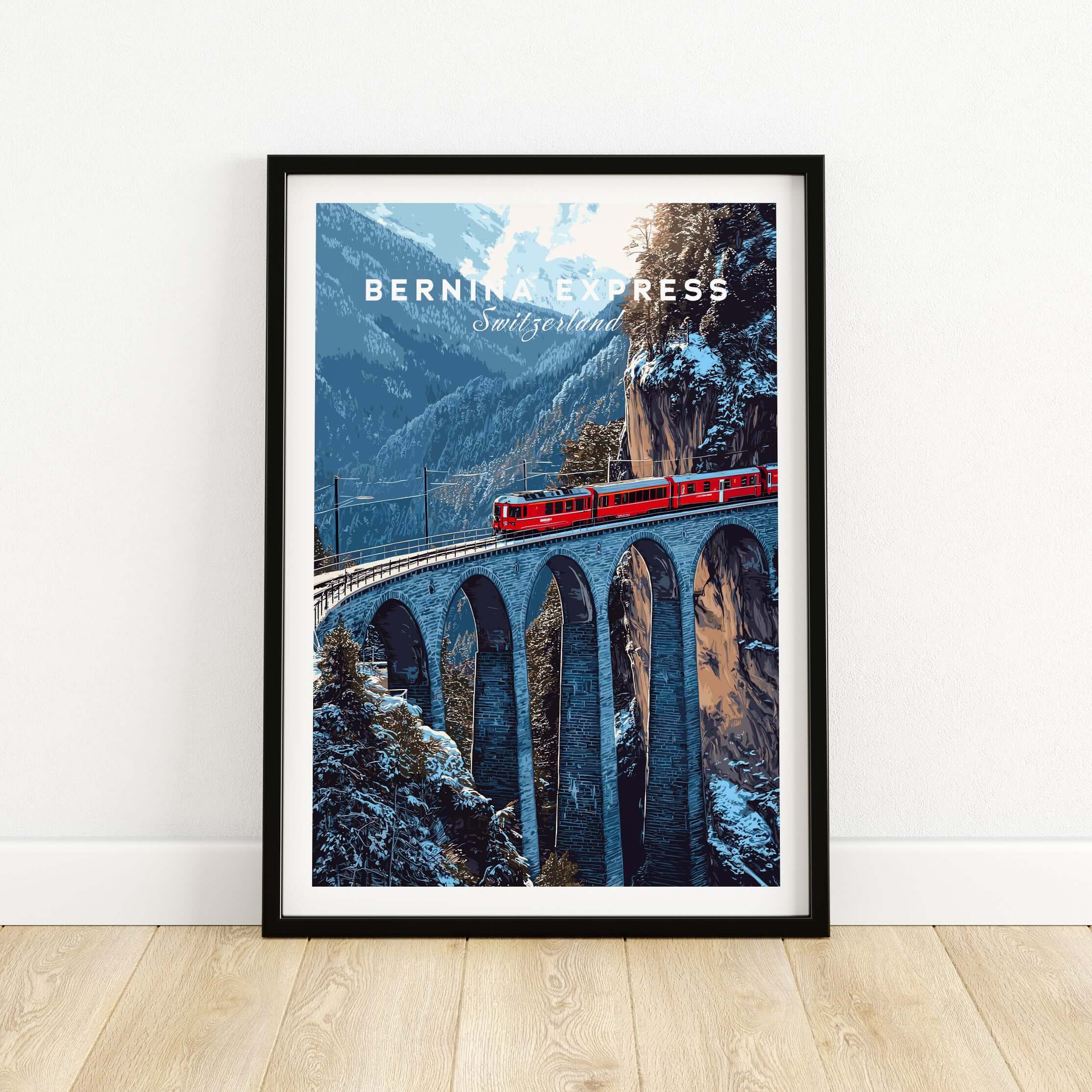 Bernina Express Swiss Alps UNESCO Winter Print | Scenic Rail Wall Decor showcasing the iconic train journey in the Alps.