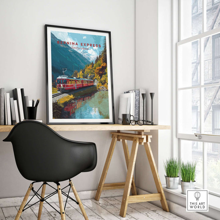 Bernina Express Print | Swiss Mountain Wall Art displayed in a modern office setting with a stylish chair and desk.