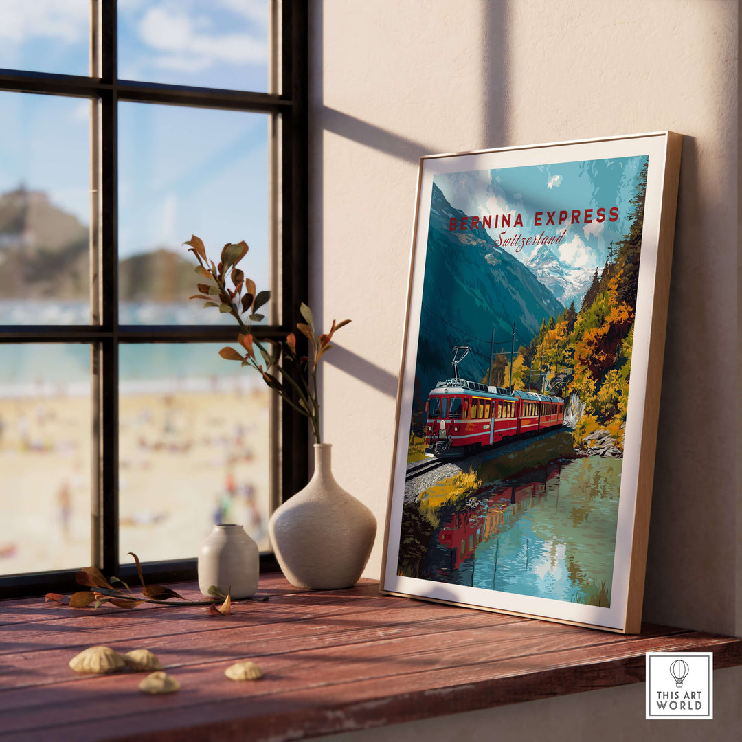 Bernina Express Print | Swiss Mountain Wall Art featuring a scenic train journey through the Swiss Alps.