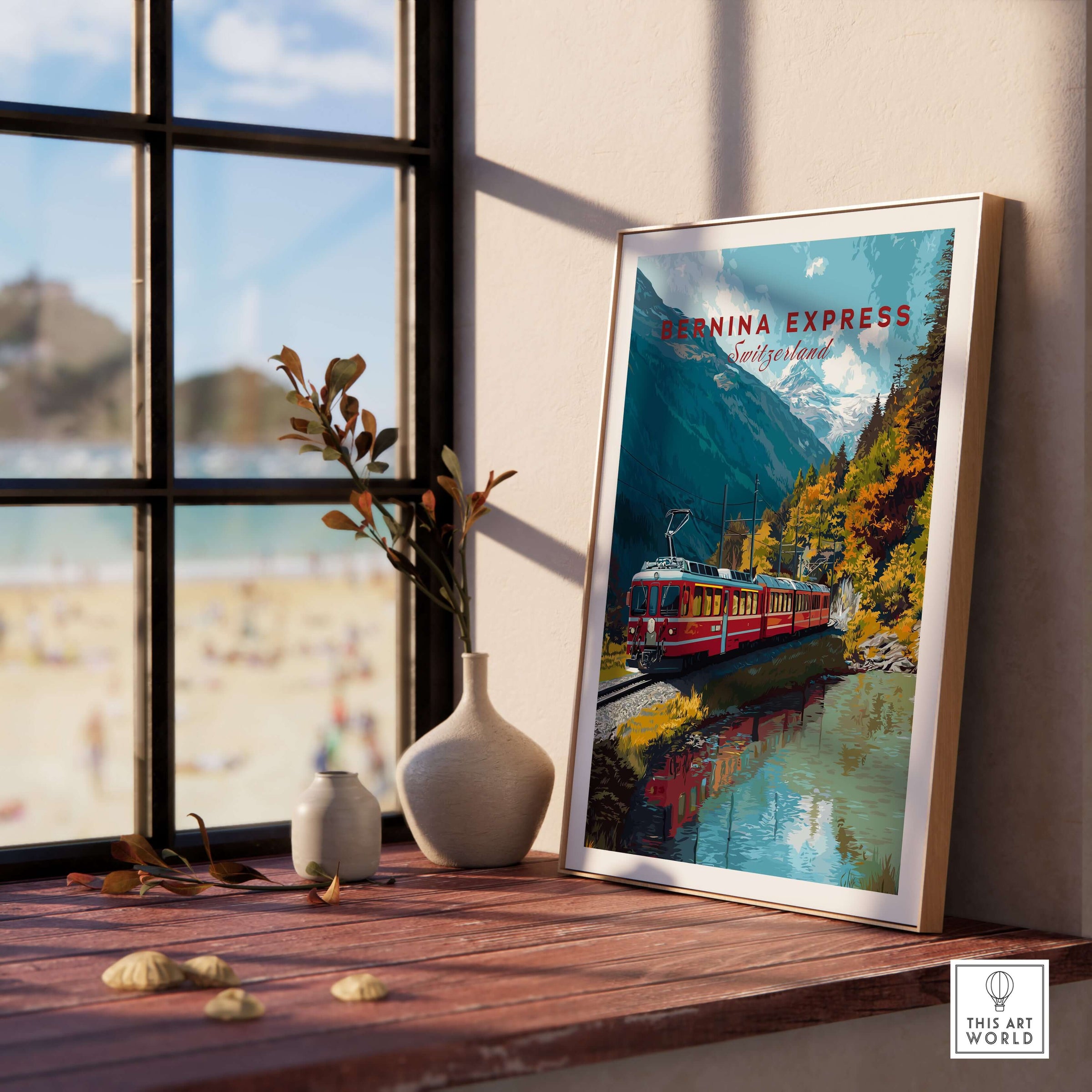 Bernina Express Print | Swiss Mountain Wall Art featuring an iconic train in scenic alpine landscape.