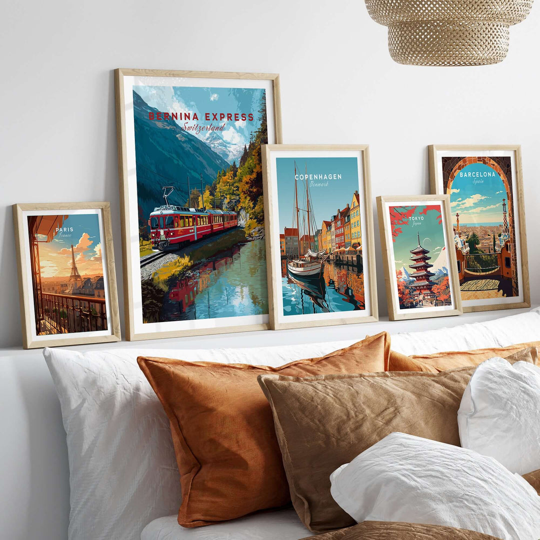 Bernina Express Print | Swiss Mountain Wall Art displayed in framed prints on a textured wall with decorative cushions.