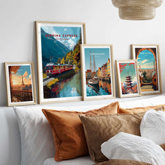 Bernina Express Print | Swiss Mountain Wall Art displayed in a stylish home setting with other travel-themed prints.