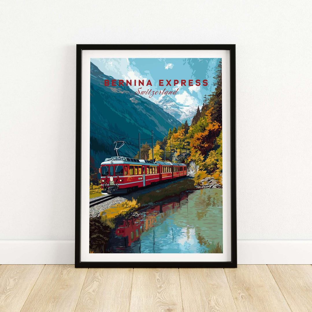 Bernina Express Print | Swiss Mountain Wall Art featuring a scenic train journey through Swiss mountains.
