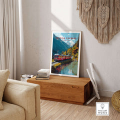 Bernina Express Print | Swiss Mountain Wall Art displayed in a cozy living room setting, showcasing scenic Swiss landscape.