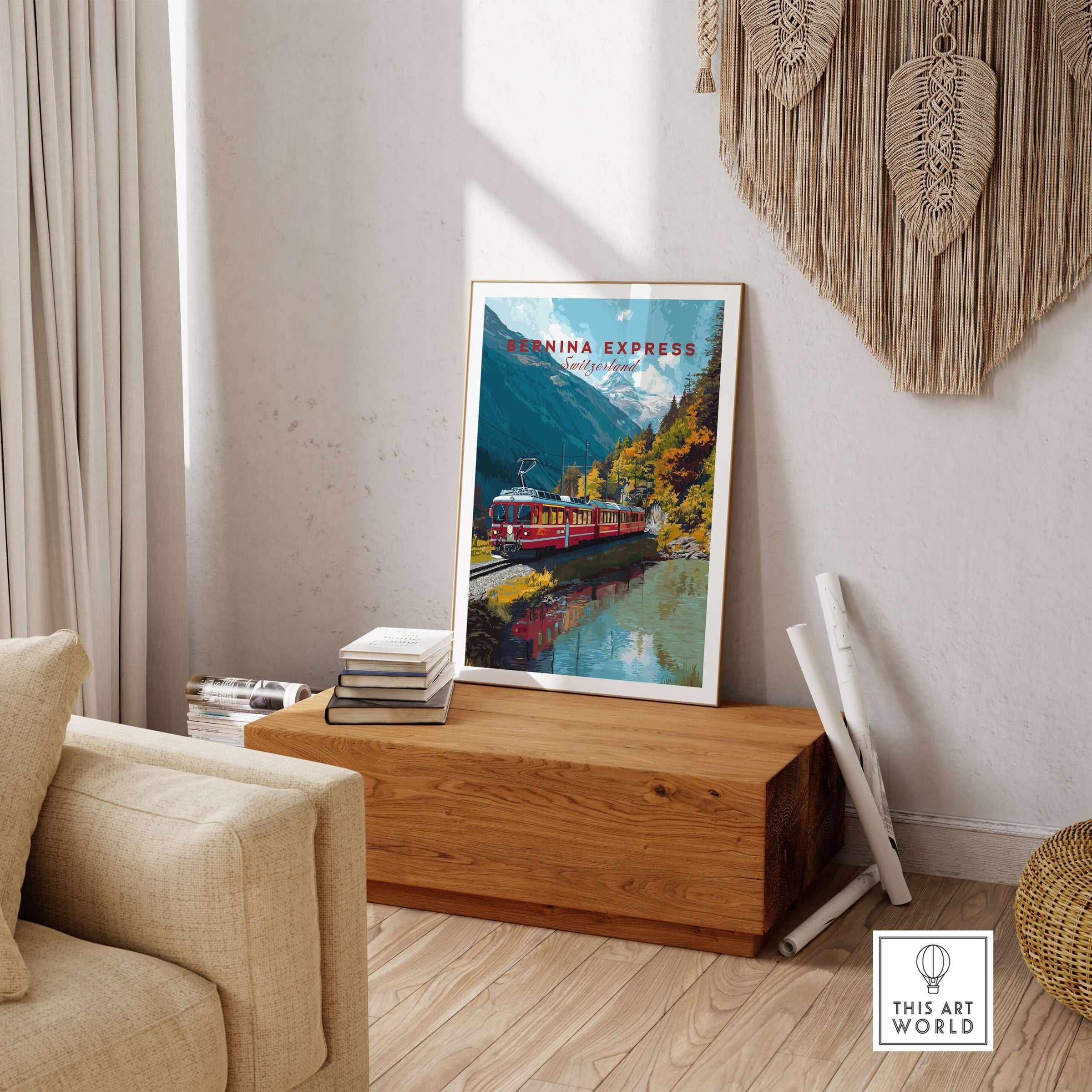 Bernina Express Print | Swiss Mountain Wall Art displayed in a cozy living room setting, showcasing scenic Swiss landscape.
