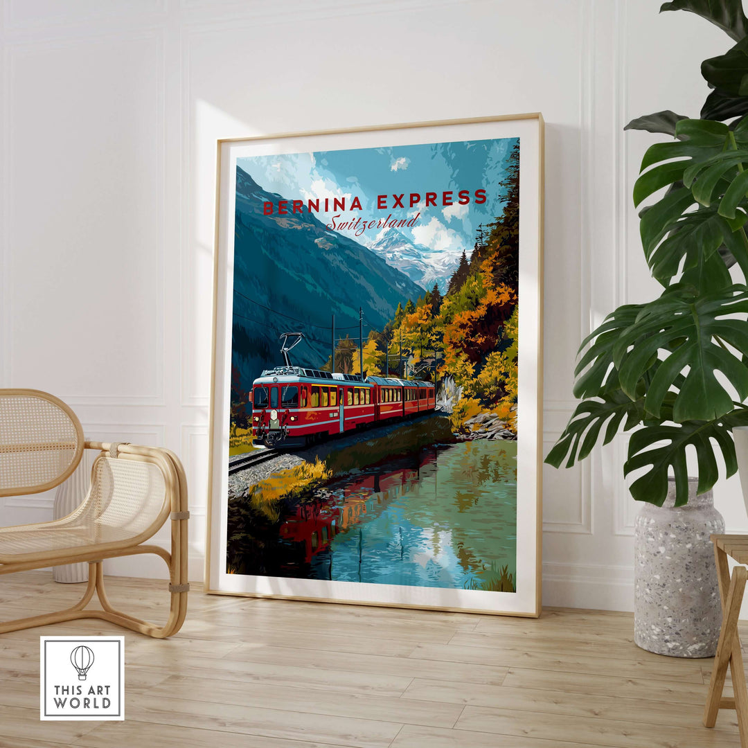 Bernina Express Print | Swiss Mountain Wall Art featuring a scenic train through Swiss alps.