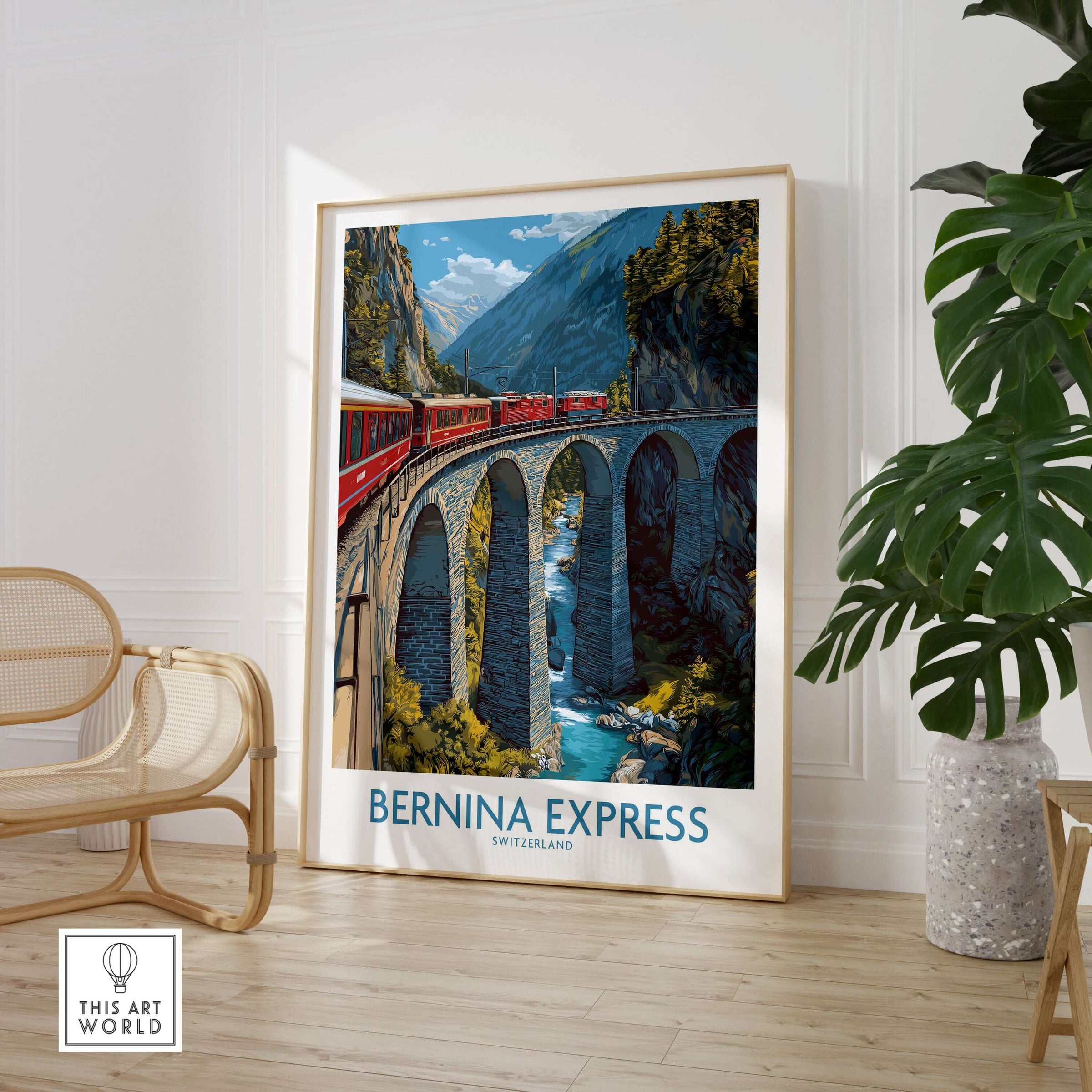 Bernina Express Switzerland Art Print | Alpine Train Poster showcasing a scenic train journey through mountains.