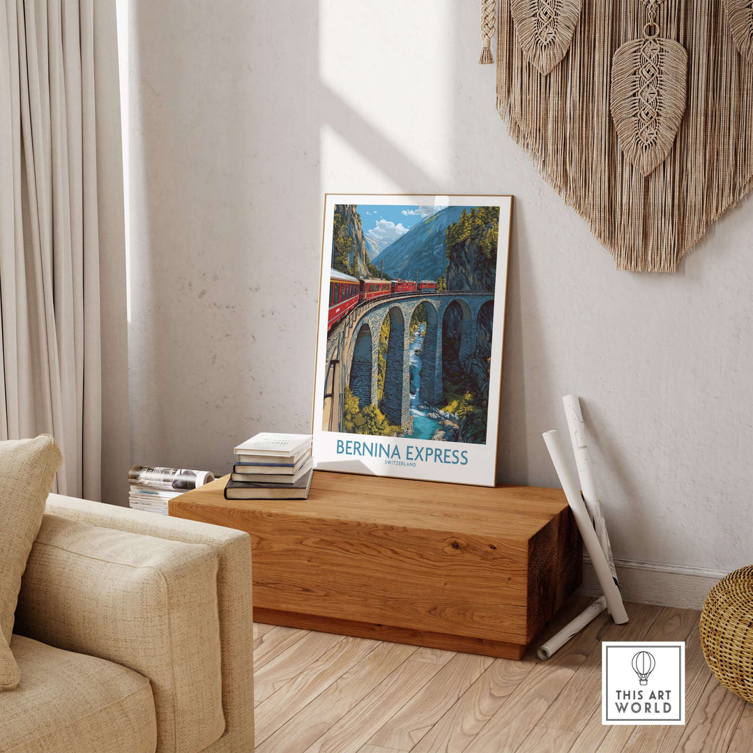 Bernina Express Switzerland Art Print | Alpine Train Poster displayed in a modern living room with mountain scenery.