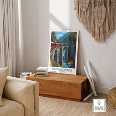Bernina Express Switzerland Art Print | Alpine Train Poster displayed in a cozy living room setting.