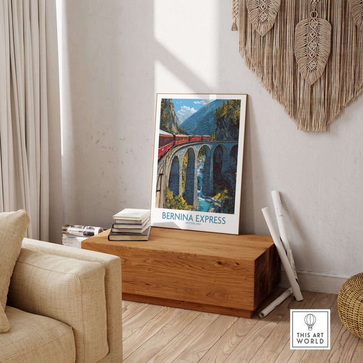 Bernina Express Switzerland Art Print | Alpine Train Poster displayed in a modern living room with mountain scenery.