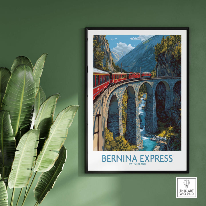 Bernina Express Switzerland  Art Print | Alpine Train Poster featuring a vibrant alpine train over a scenic bridge.