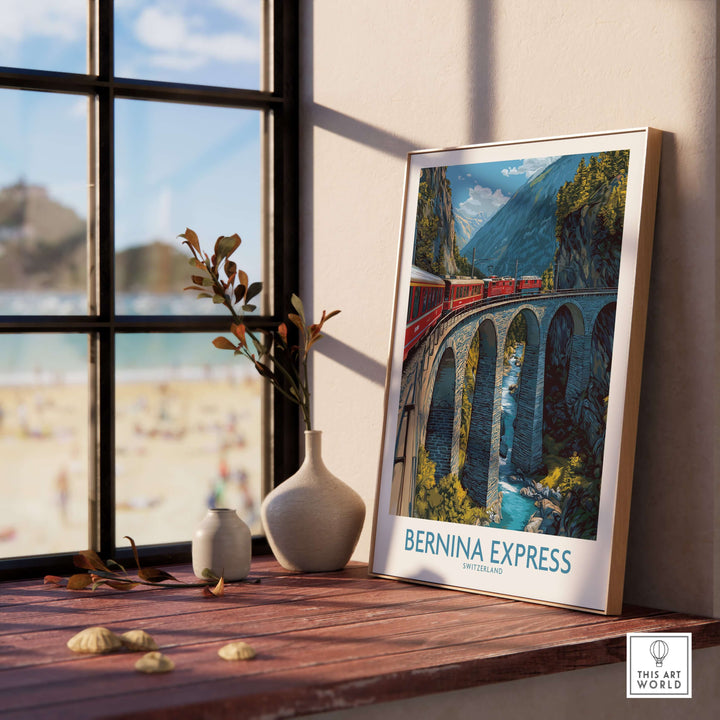 Bernina Express Switzerland Art Print | Alpine Train Poster displayed in a cozy interior with a scenic view.