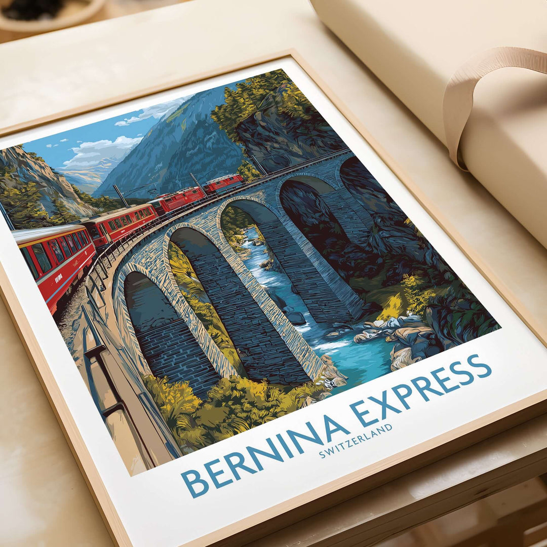 Bernina Express Switzerland Art Print | Alpine Train Poster featuring a scenic view of the train on a bridge.