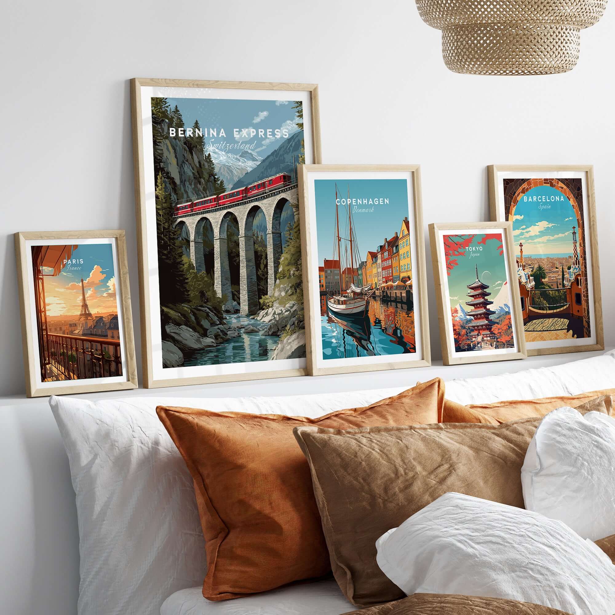Bernina Express Print | Swiss Alps Travel Decor displayed among other travel posters in a cozy home setting.