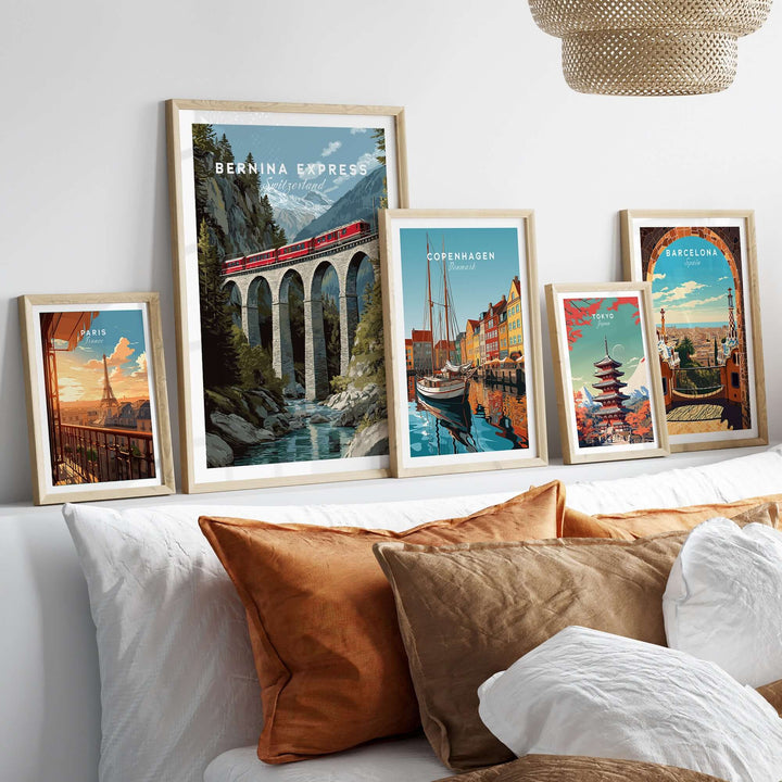 Bernina Express Print | Swiss Alps Travel Decor showcased with other travel-themed prints in a stylish interior setting.