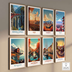 Bernina Express Switzerland Art Print | Alpine Train Poster showcasing vibrant travel posters on a wall.