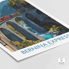 Bernina Express Switzerland Art Print | Alpine Train Poster featuring a red train crossing a scenic bridge in the Swiss Alps.