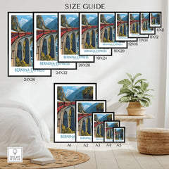 Bernina Express Switzerland Art Print | Alpine Train Poster size guide displaying various frame sizes.