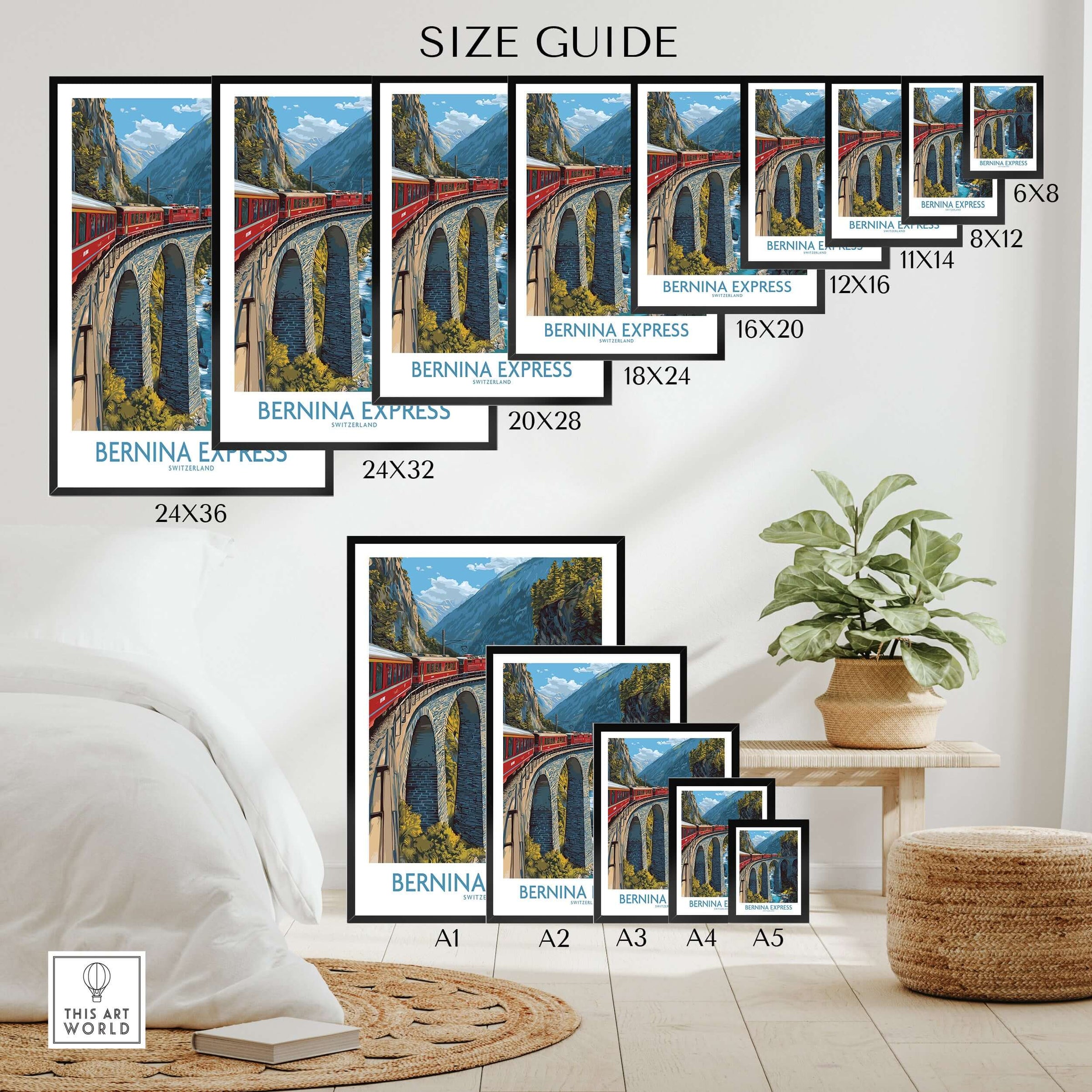 Bernina Express Switzerland Art Print | Alpine Train Poster size guide displaying various frame sizes.