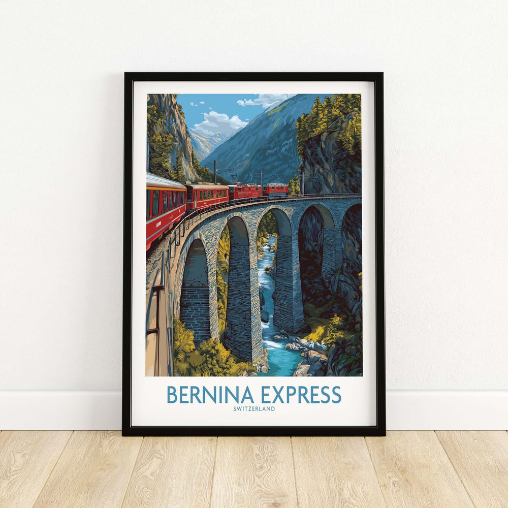 Bernina Express Switzerland Art Print | Alpine Train Poster featuring the iconic train on a viaduct in the Swiss Alps.