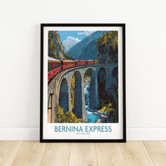 Bernina Express Switzerland Art Print | Alpine Train Poster featuring a vibrant train crossing a scenic bridge.