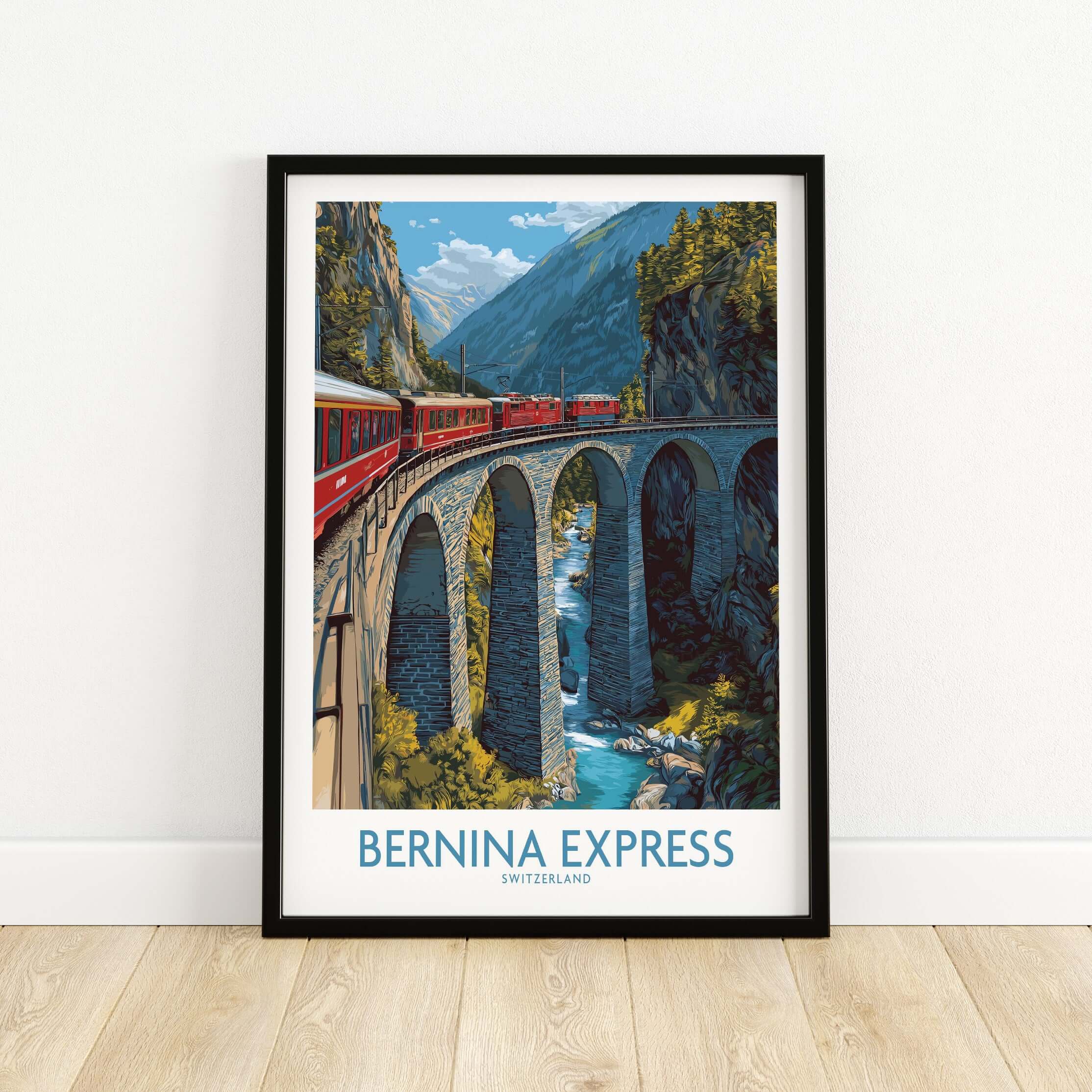 Bernina Express Switzerland Art Print | Alpine Train Poster featuring a vibrant train crossing a scenic bridge.