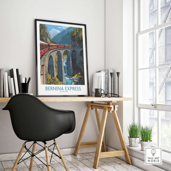 Bernina Express Switzerland Art Print | Alpine Train Poster displayed in a modern workspace with scenic mountain backdrop.