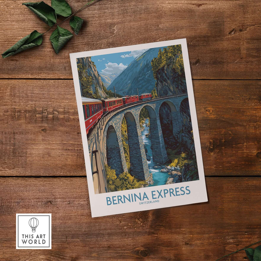 Bernina Express Switzerland Art Print | Alpine Train Poster showcasing a train on a bridge amidst stunning alpine scenery.