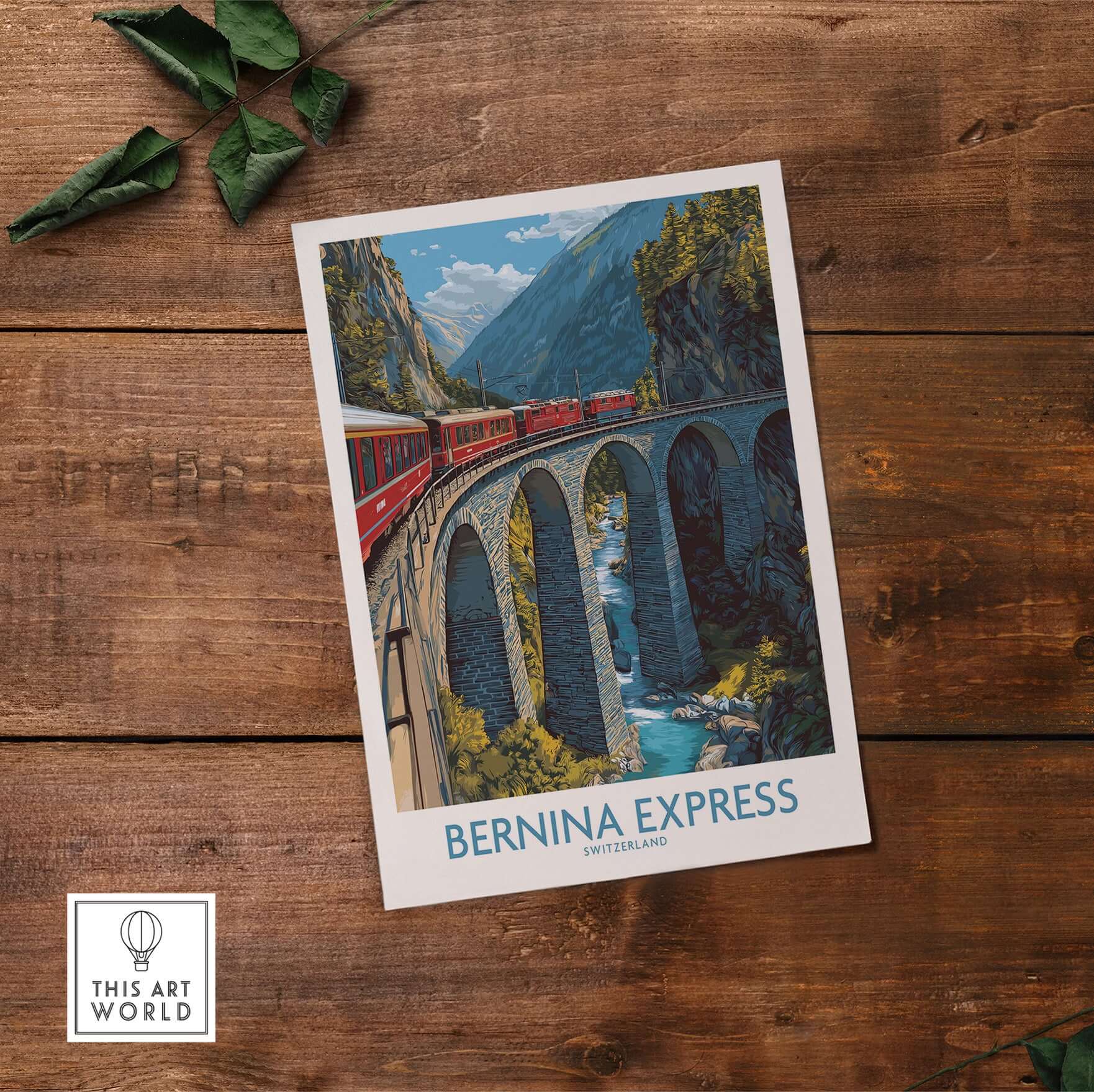Bernina Express Switzerland Art Print | Alpine Train Poster depicting the train over a scenic bridge in the mountains.