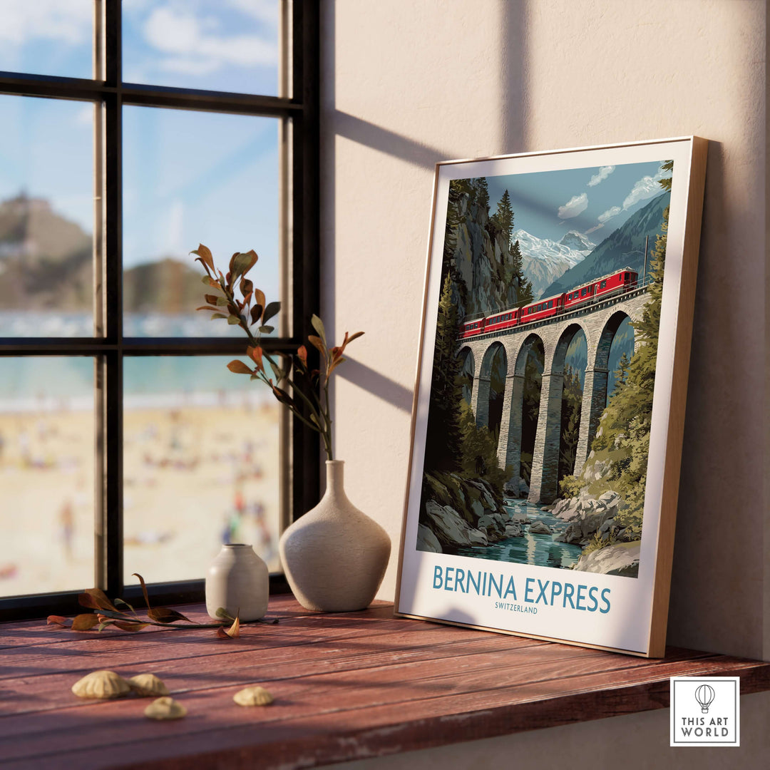 Bernina Express Switzerland Art Print | Landwasser Bridge Poster framed on a windowsill with scenic view and decor.