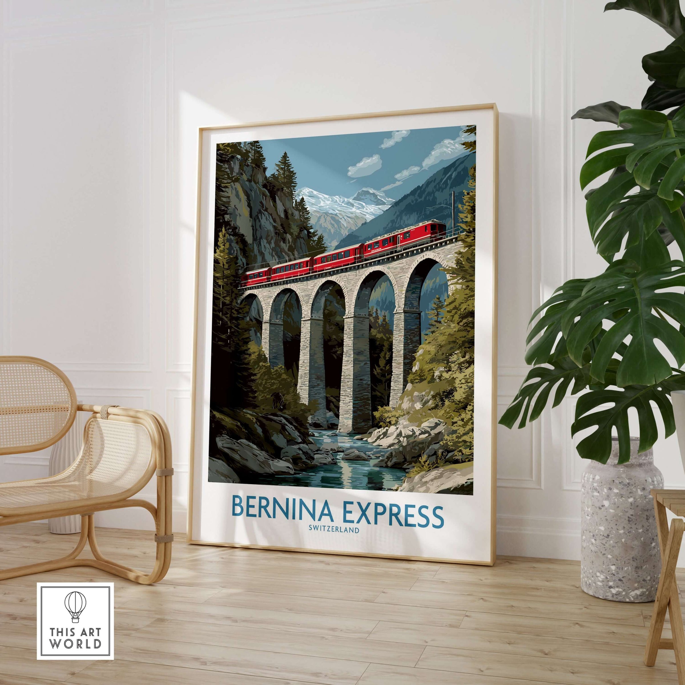 Bernina Express Switzerland Art Print | Landwasser Bridge Poster showcasing the train crossing a stone viaduct.