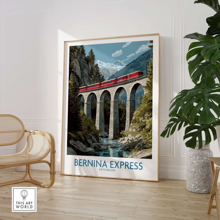 Bernina Express Switzerland Art Print | Landwasser Bridge Poster featuring a train crossing a viaduct in the Swiss Alps.