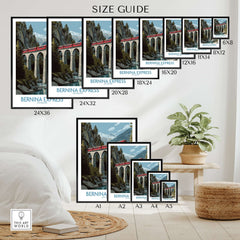 Bernina Express Switzerland Art Print | Landwasser Bridge Poster size guide showcasing various print sizes.