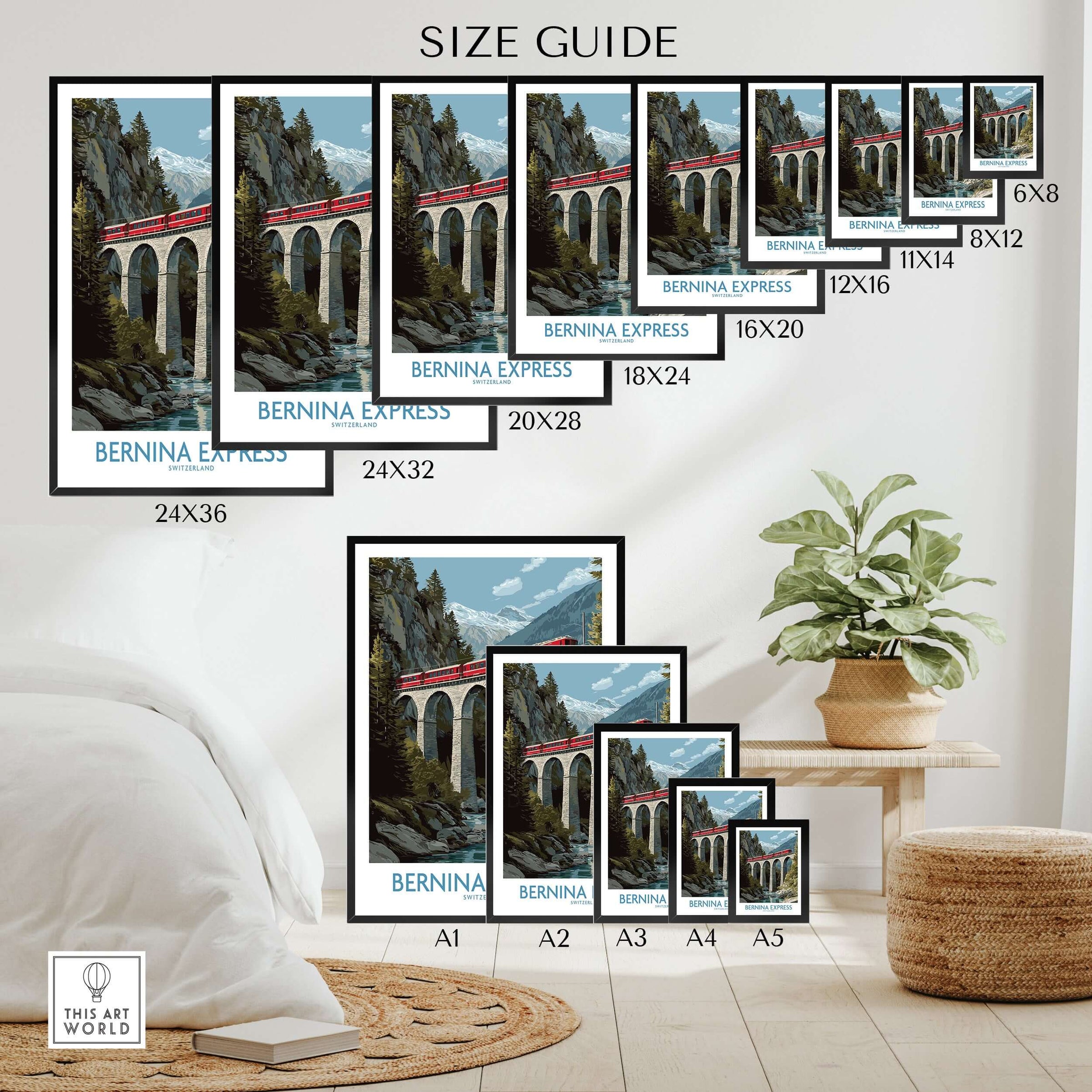 Bernina Express Switzerland Art Print | Landwasser Bridge Poster size guide showcasing various print sizes.
