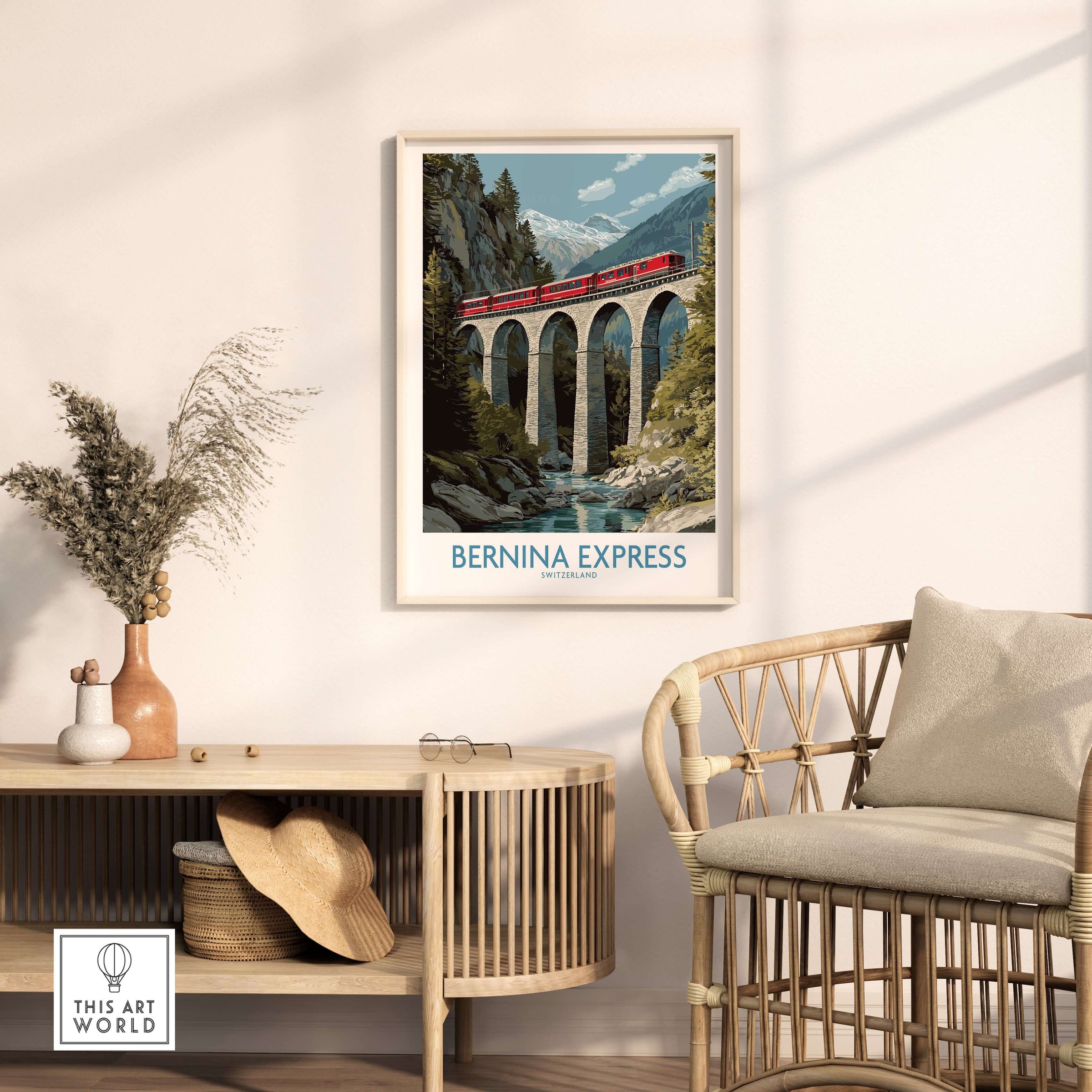 Bernina Express Switzerland Art Print | Landwasser Bridge Poster featuring the iconic train and stunning alpine scenery.